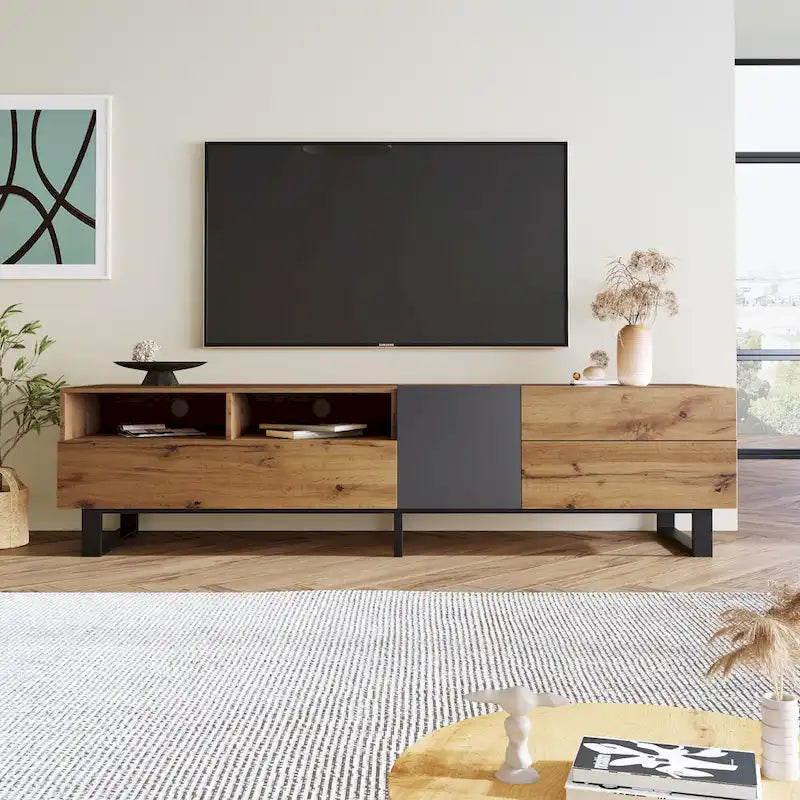 Wood+Grey 70  TV Stand with Double Storage & Drop-Down Door for TVs Up to 80