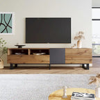 Wood+Grey 70  TV Stand with Double Storage & Drop-Down Door for TVs Up to 80