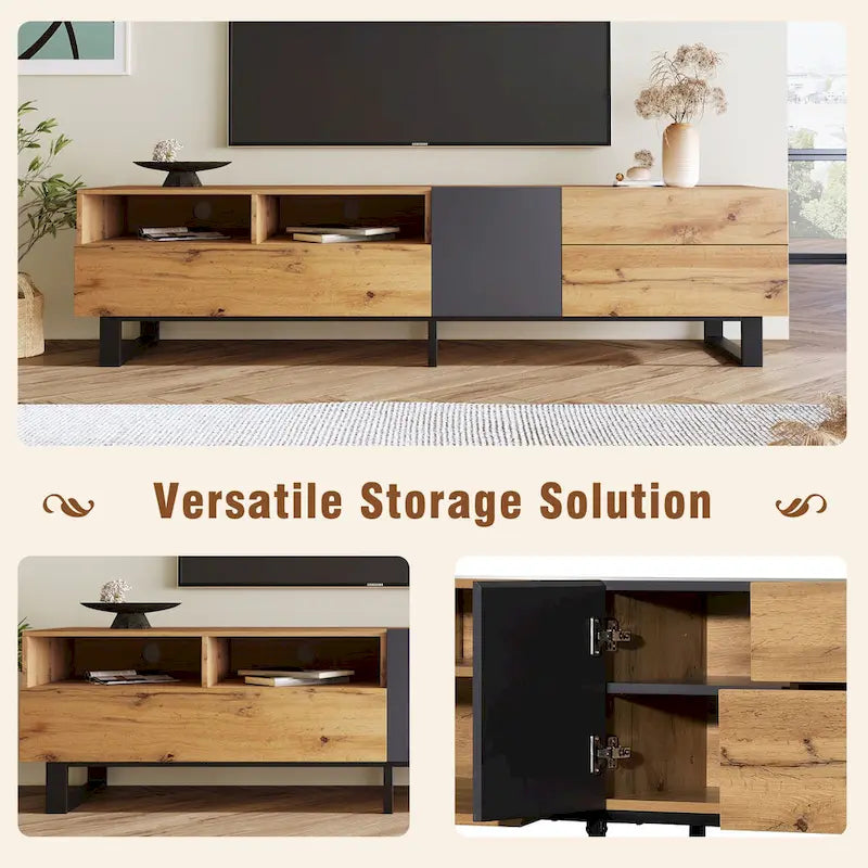 Wood+Grey 70  TV Stand with Double Storage & Drop-Down Door for TVs Up to 80