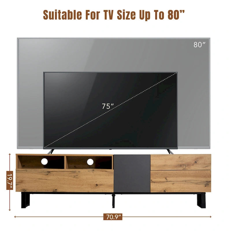 Wood+Grey 70  TV Stand with Double Storage & Drop-Down Door for TVs Up to 80