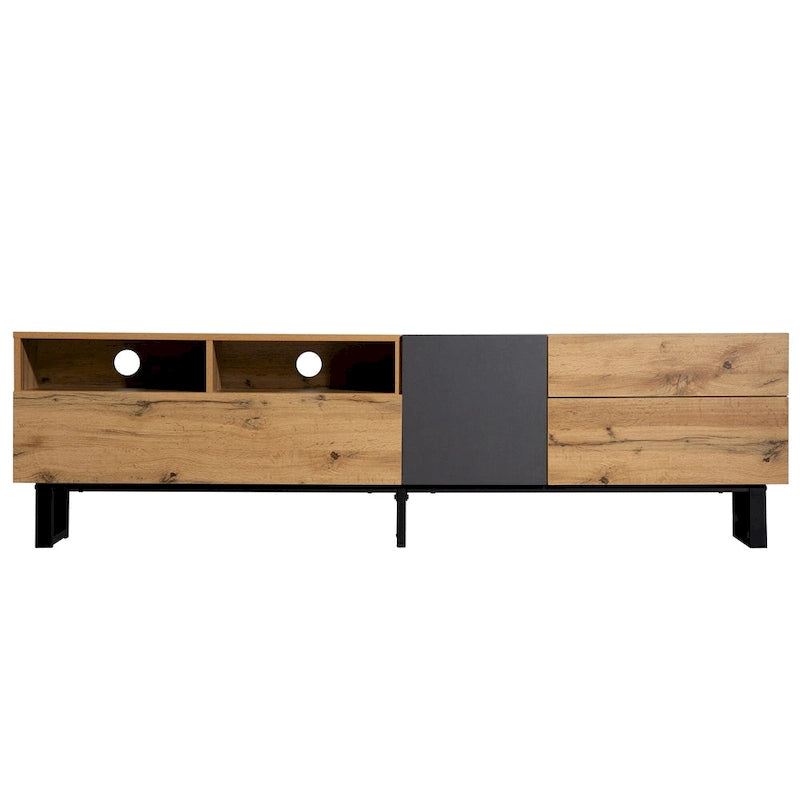 Wood+Grey 70  TV Stand with Double Storage & Drop-Down Door for TVs Up to 80