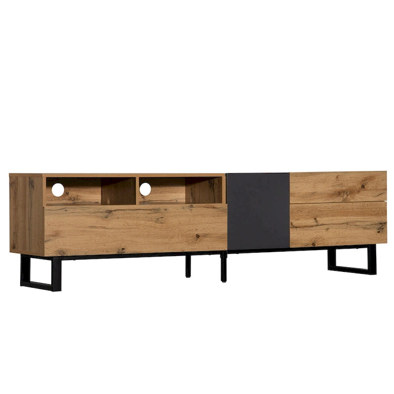 Wood+Grey 70  TV Stand with Double Storage & Drop-Down Door for TVs Up to 80