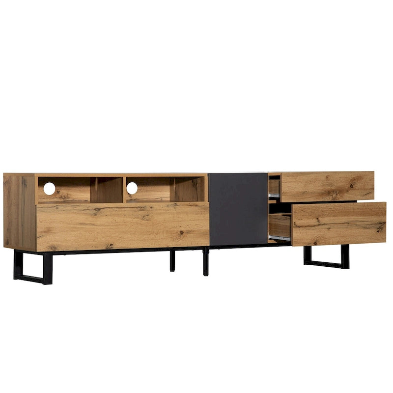 Wood+Grey 70  TV Stand with Double Storage & Drop-Down Door for TVs Up to 80