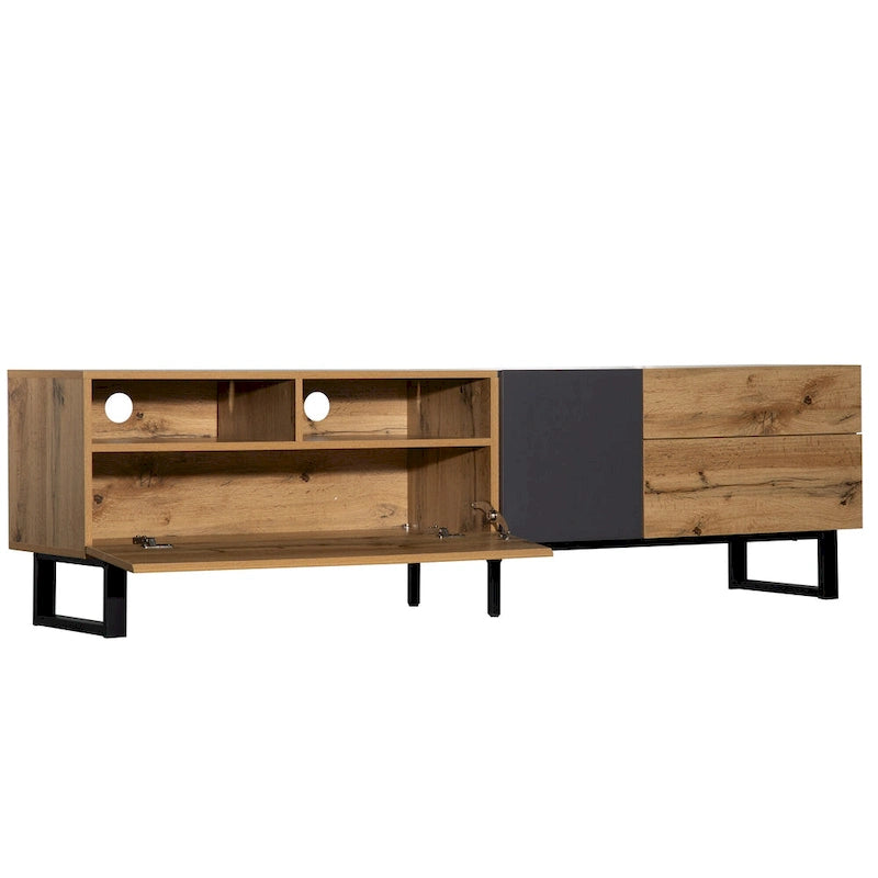 Wood+Grey 70  TV Stand with Double Storage & Drop-Down Door for TVs Up to 80