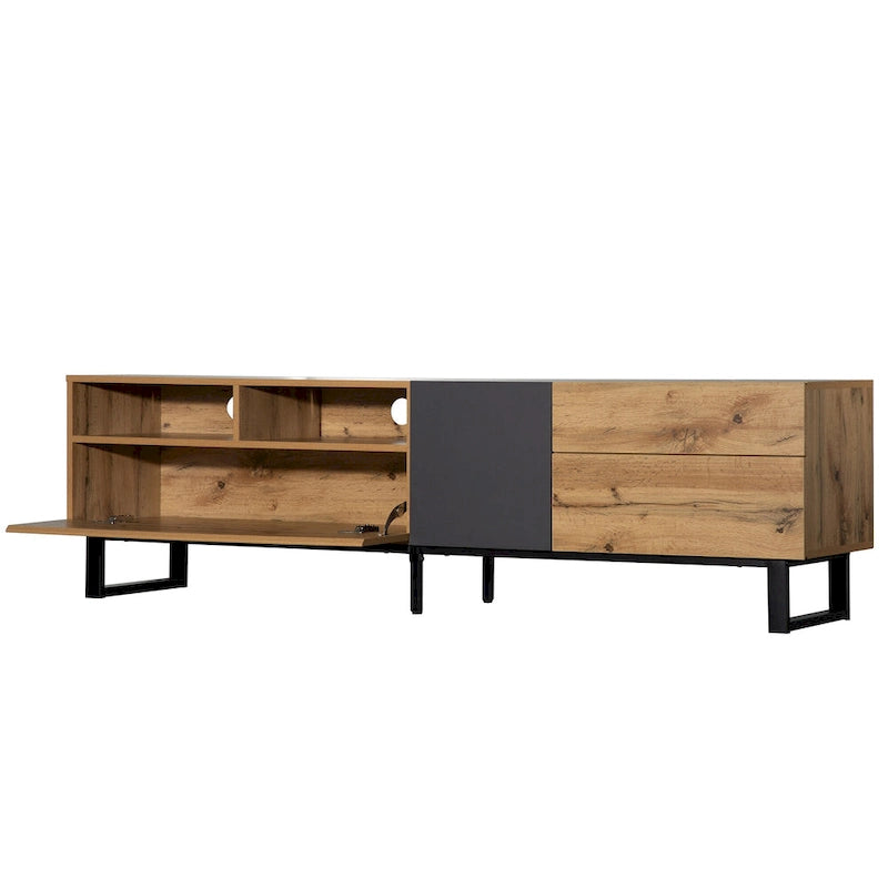Wood+Grey 70  TV Stand with Double Storage & Drop-Down Door for TVs Up to 80