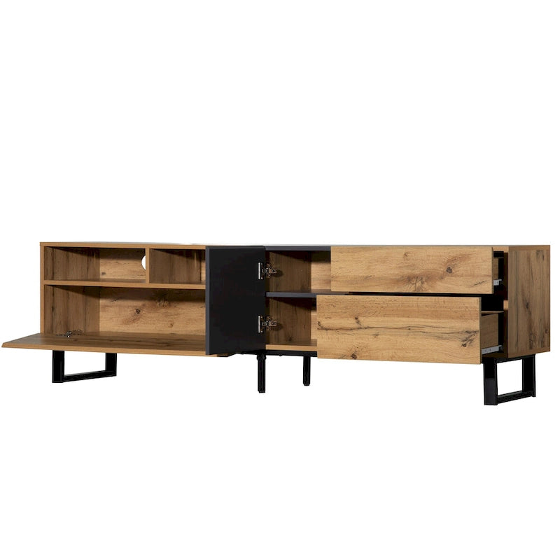 Wood+Grey 70  TV Stand with Double Storage & Drop-Down Door for TVs Up to 80