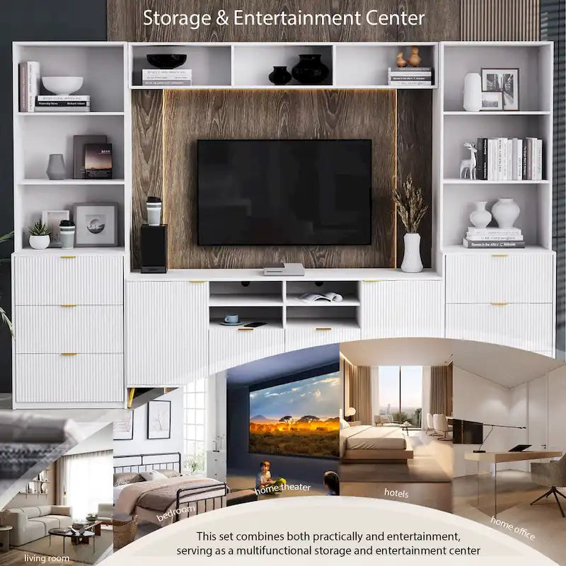 White 112.5  Entertainment Wall Unit with 13 Shelves, 8 Drawers and 2 Cabinets for TVs Up to 70