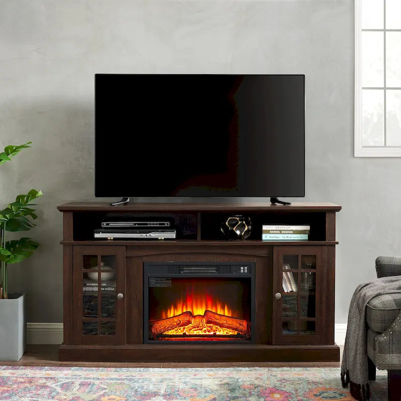 Espresso 58  Fireplace TV Stand with Open & Closed Storage for TVs Up to 65