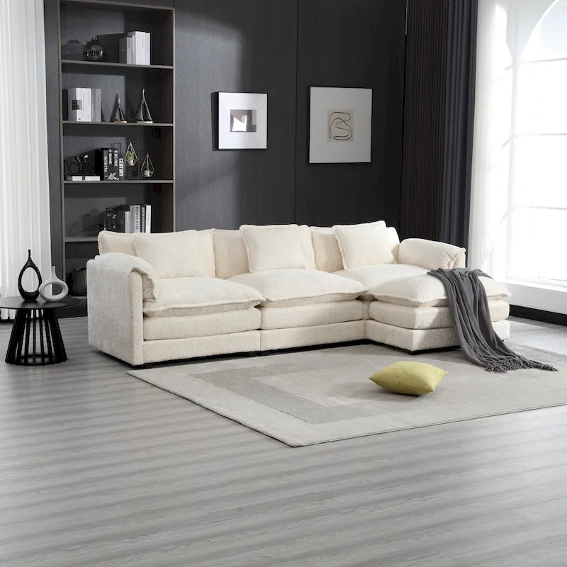 Beige 112.2  L-Shape 4-Seater Sectional Sofa in Modern Boucle Fabric with Removable Cushions and Detachable Armrests