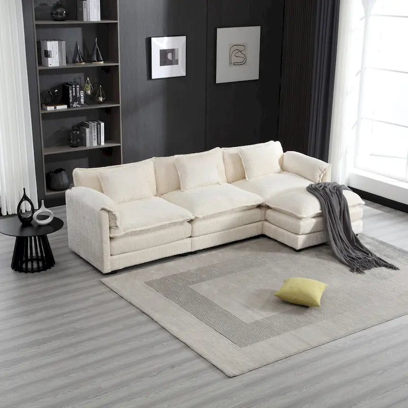 Beige 112.2  L-Shape 4-Seater Sectional Sofa in Modern Boucle Fabric with Removable Cushions and Detachable Armrests