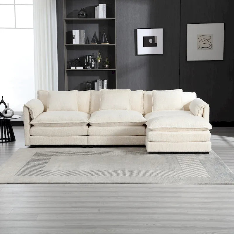 Beige 112.2  L-Shape 4-Seater Sectional Sofa in Modern Boucle Fabric with Removable Cushions and Detachable Armrests