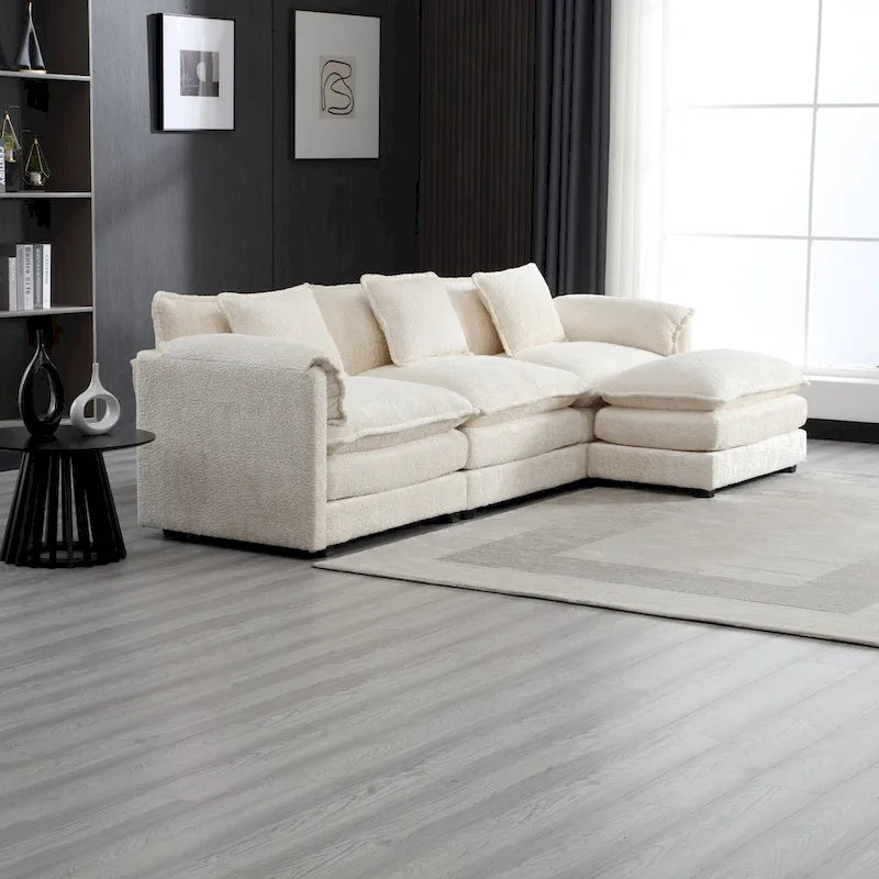 Beige 112.2  L-Shape 4-Seater Sectional Sofa in Modern Boucle Fabric with Removable Cushions and Detachable Armrests