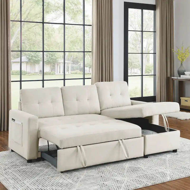 Beige 78.5  Reversible 3 Seater Sleeper Sectional Sofa with Storage Chaise, Pull-Out Bed and Side Pocket