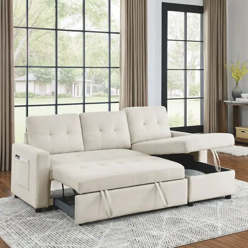 Beige 78.5  Reversible 3 Seater Sleeper Sectional Sofa with Storage Chaise, Pull-Out Bed and Side Pocket