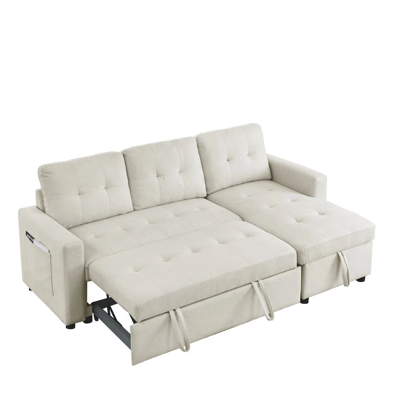 Beige 78.5  Reversible 3 Seater Sleeper Sectional Sofa with Storage Chaise, Pull-Out Bed and Side Pocket