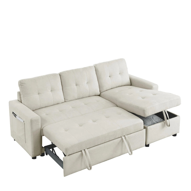 Beige 78.5  Reversible 3 Seater Sleeper Sectional Sofa with Storage Chaise, Pull-Out Bed and Side Pocket
