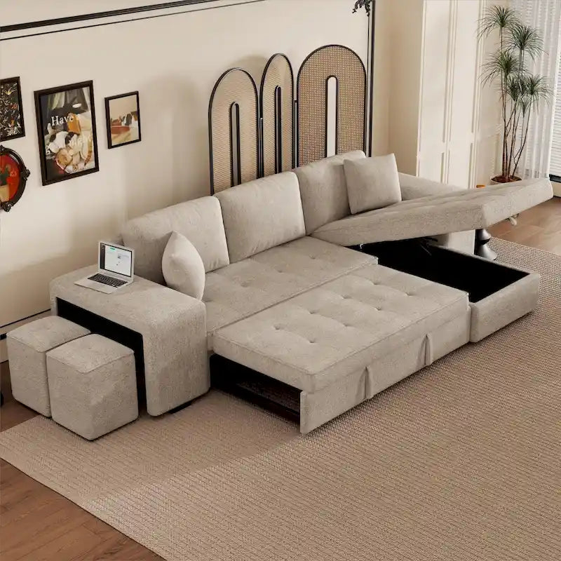104.5  Charcoal L-Shaped 3 Seater Convertible Sofa with Pull-Out Bed, Storage Chaise and 2 Stools for Living Room