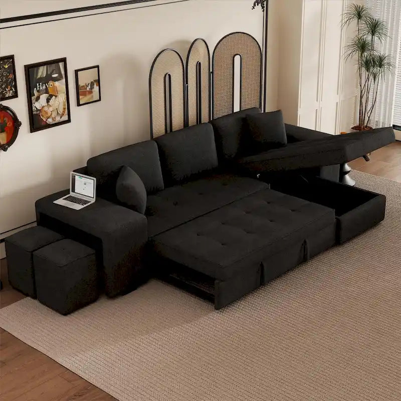 104.5  Charcoal L-Shaped 3 Seater Convertible Sofa with Pull-Out Bed, Storage Chaise and 2 Stools for Living Room