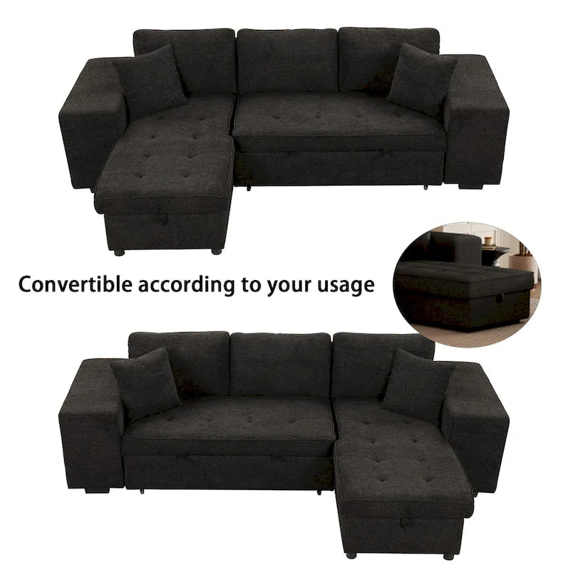 104.5  Charcoal L-Shaped 3 Seater Convertible Sofa with Pull-Out Bed, Storage Chaise and 2 Stools for Living Room