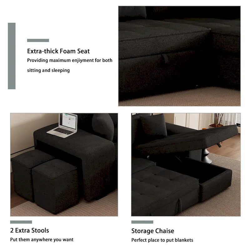 104.5  Charcoal L-Shaped 3 Seater Convertible Sofa with Pull-Out Bed, Storage Chaise and 2 Stools for Living Room