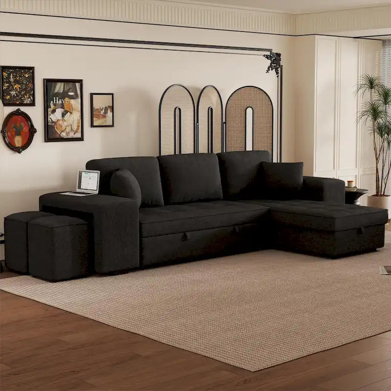 104.5  Charcoal L-Shaped 3 Seater Convertible Sofa with Pull-Out Bed, Storage Chaise and 2 Stools for Living Room