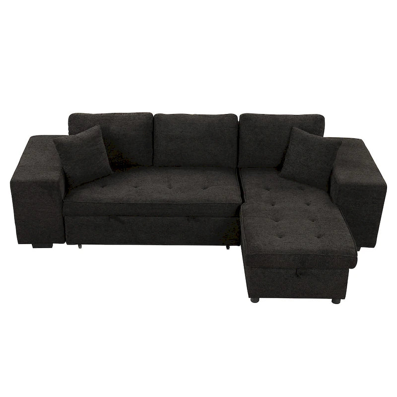 104.5  Charcoal L-Shaped 3 Seater Convertible Sofa with Pull-Out Bed, Storage Chaise and 2 Stools for Living Room