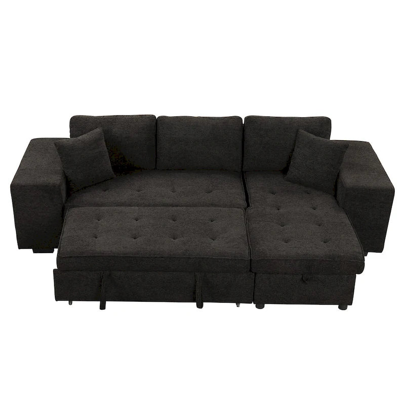 104.5  Charcoal L-Shaped 3 Seater Convertible Sofa with Pull-Out Bed, Storage Chaise and 2 Stools for Living Room