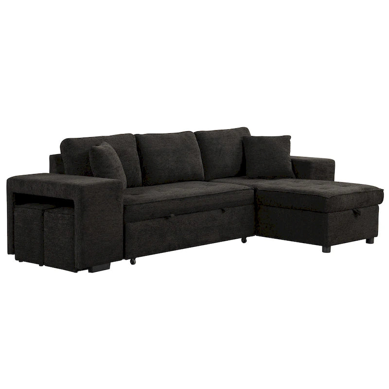 104.5  Charcoal L-Shaped 3 Seater Convertible Sofa with Pull-Out Bed, Storage Chaise and 2 Stools for Living Room