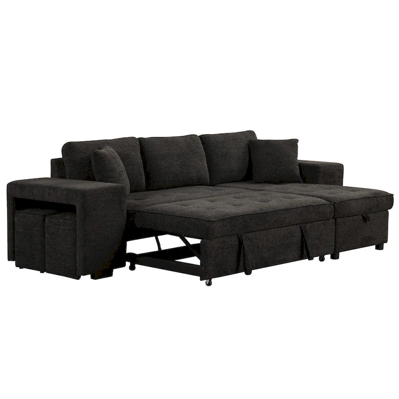 104.5  Charcoal L-Shaped 3 Seater Convertible Sofa with Pull-Out Bed, Storage Chaise and 2 Stools for Living Room