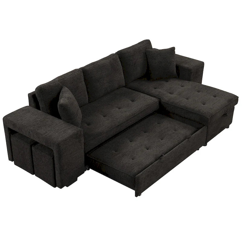 104.5  Charcoal L-Shaped 3 Seater Convertible Sofa with Pull-Out Bed, Storage Chaise and 2 Stools for Living Room