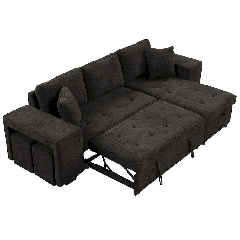 104.5  Charcoal L-Shaped 3 Seater Convertible Sofa with Pull-Out Bed, Storage Chaise and 2 Stools for Living Room