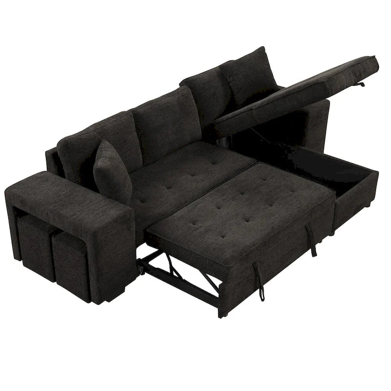 104.5  Charcoal L-Shaped 3 Seater Convertible Sofa with Pull-Out Bed, Storage Chaise and 2 Stools for Living Room