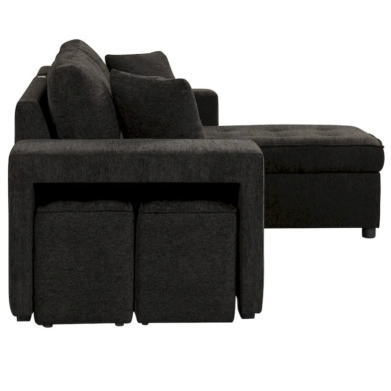 104.5  Charcoal L-Shaped 3 Seater Convertible Sofa with Pull-Out Bed, Storage Chaise and 2 Stools for Living Room
