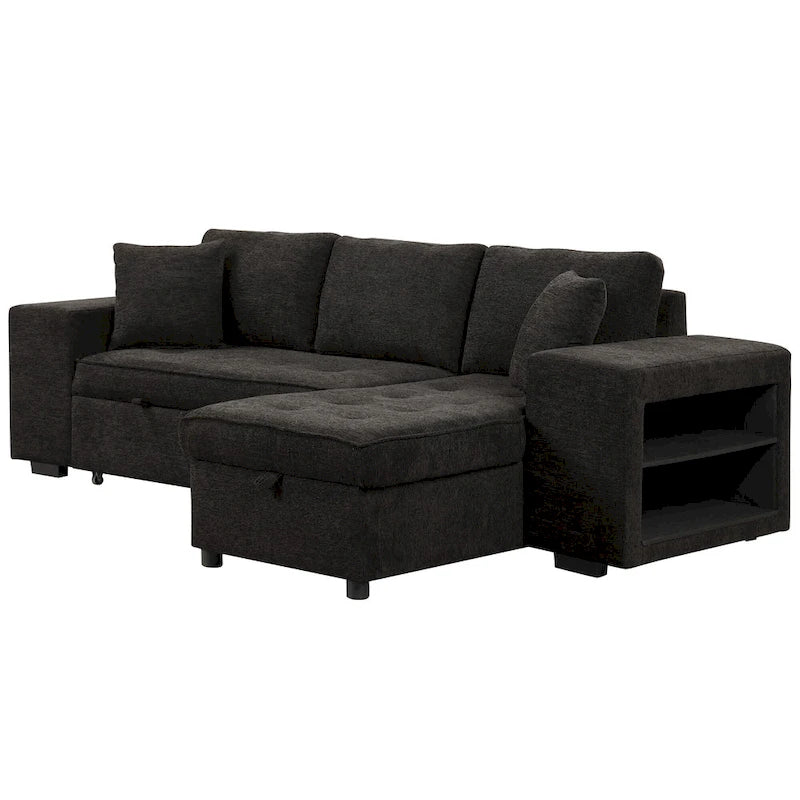 104.5  Charcoal L-Shaped 3 Seater Convertible Sofa with Pull-Out Bed, Storage Chaise and 2 Stools for Living Room