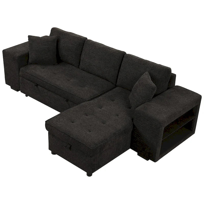 104.5  Charcoal L-Shaped 3 Seater Convertible Sofa with Pull-Out Bed, Storage Chaise and 2 Stools for Living Room