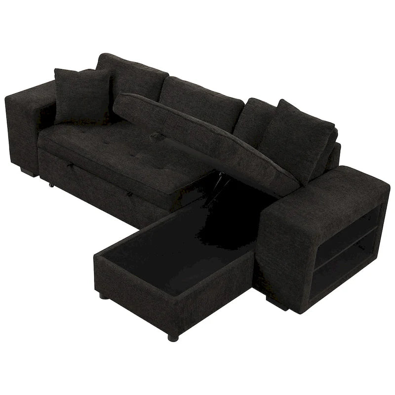 104.5  Charcoal L-Shaped 3 Seater Convertible Sofa with Pull-Out Bed, Storage Chaise and 2 Stools for Living Room