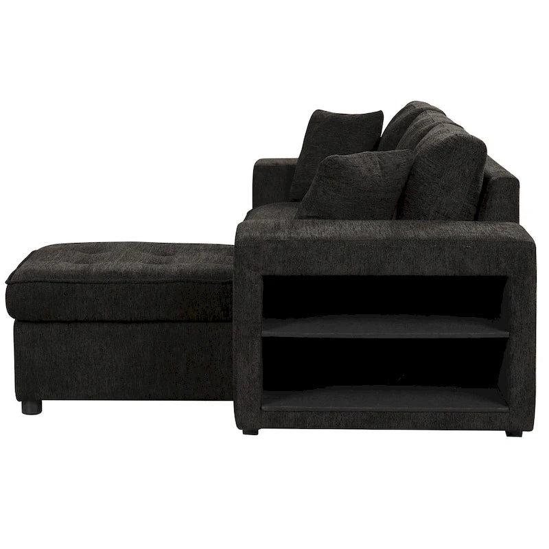 104.5  Charcoal L-Shaped 3 Seater Convertible Sofa with Pull-Out Bed, Storage Chaise and 2 Stools for Living Room