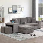 104.5  Charcoal L-Shaped 3 Seater Convertible Sofa with Pull-Out Bed, Storage Chaise and 2 Stools for Living Room
