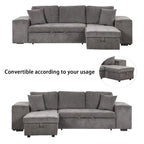 104.5  Charcoal L-Shaped 3 Seater Convertible Sofa with Pull-Out Bed, Storage Chaise and 2 Stools for Living Room
