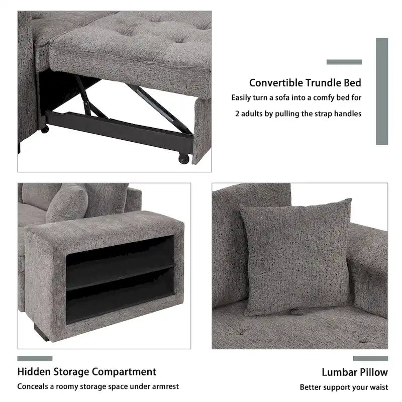 104.5  Charcoal L-Shaped 3 Seater Convertible Sofa with Pull-Out Bed, Storage Chaise and 2 Stools for Living Room