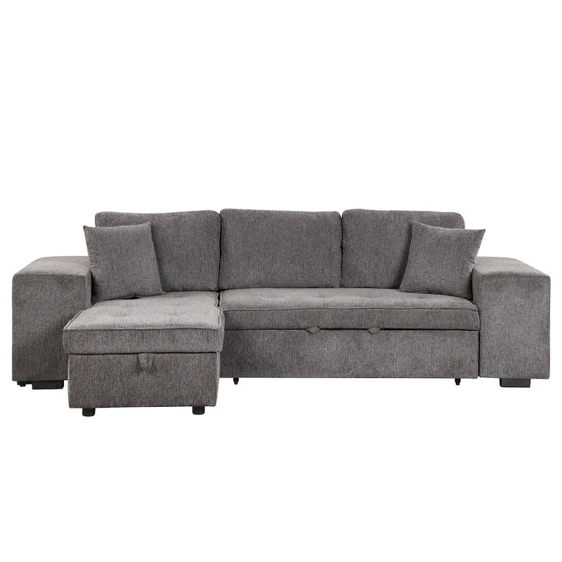 104.5  Charcoal L-Shaped 3 Seater Convertible Sofa with Pull-Out Bed, Storage Chaise and 2 Stools for Living Room