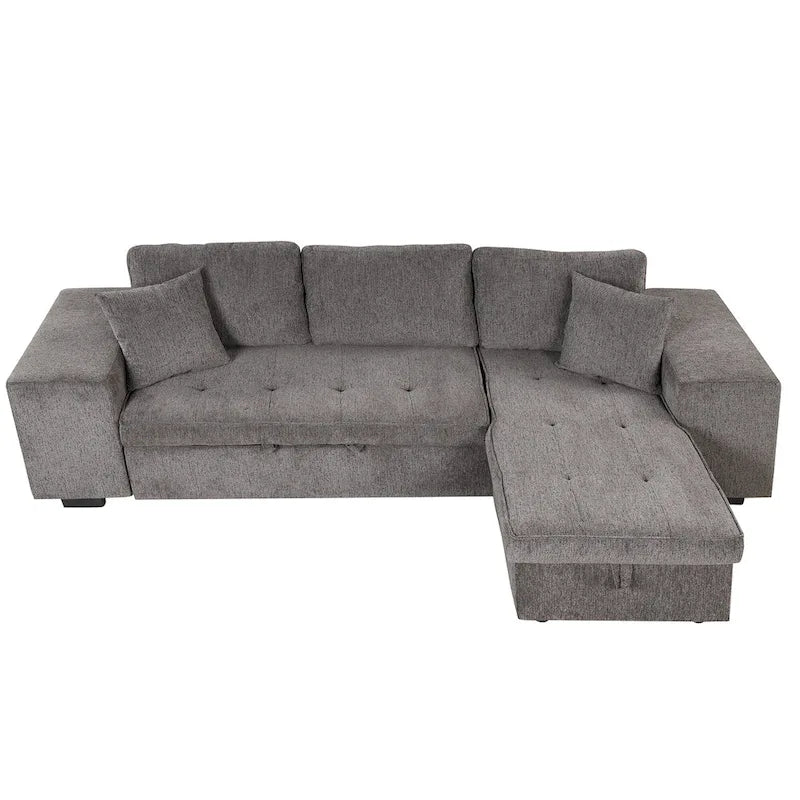 104.5  Charcoal L-Shaped 3 Seater Convertible Sofa with Pull-Out Bed, Storage Chaise and 2 Stools for Living Room