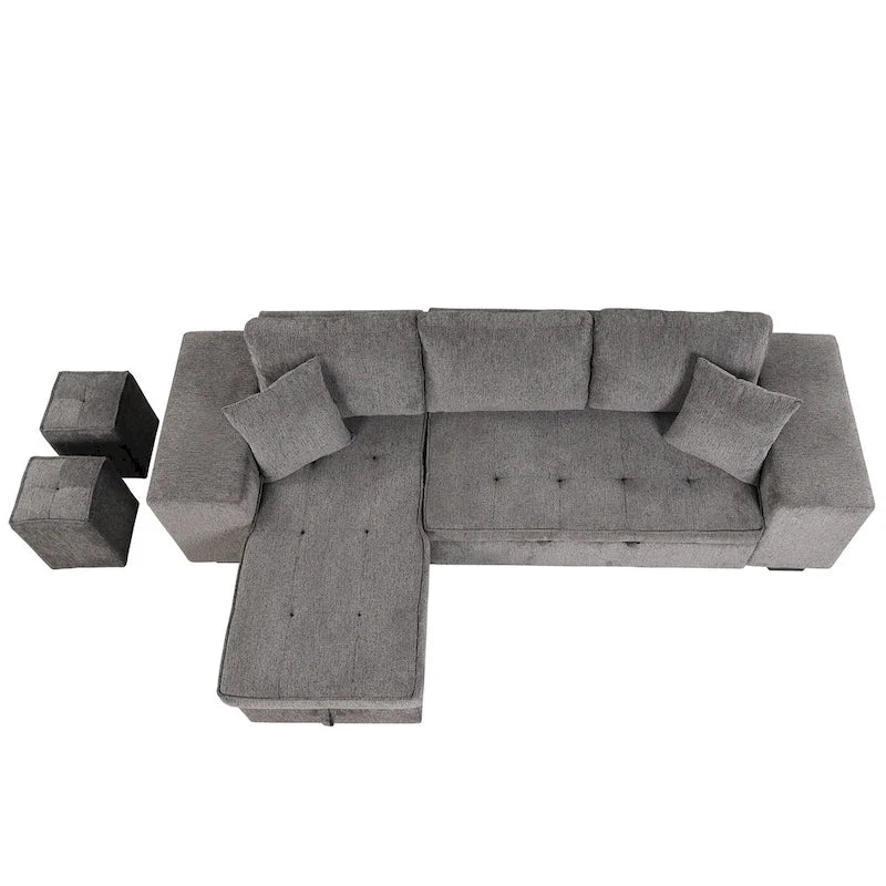 104.5  Charcoal L-Shaped 3 Seater Convertible Sofa with Pull-Out Bed, Storage Chaise and 2 Stools for Living Room