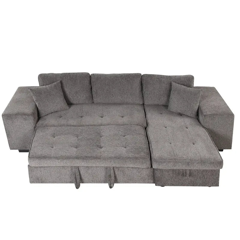 104.5  Charcoal L-Shaped 3 Seater Convertible Sofa with Pull-Out Bed, Storage Chaise and 2 Stools for Living Room