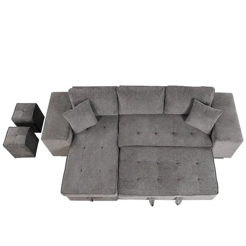 104.5  Charcoal L-Shaped 3 Seater Convertible Sofa with Pull-Out Bed, Storage Chaise and 2 Stools for Living Room