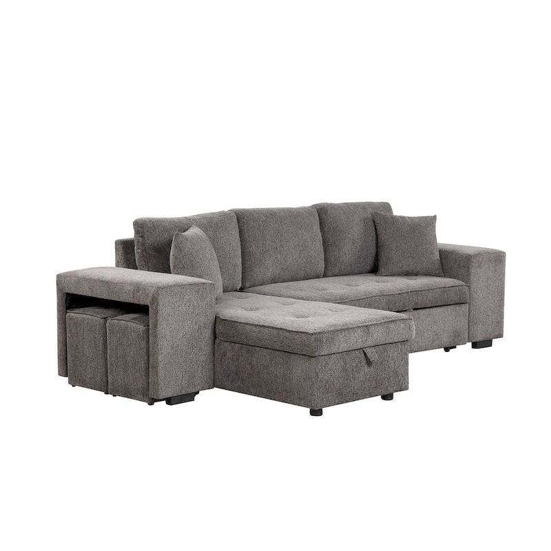 104.5  Charcoal L-Shaped 3 Seater Convertible Sofa with Pull-Out Bed, Storage Chaise and 2 Stools for Living Room