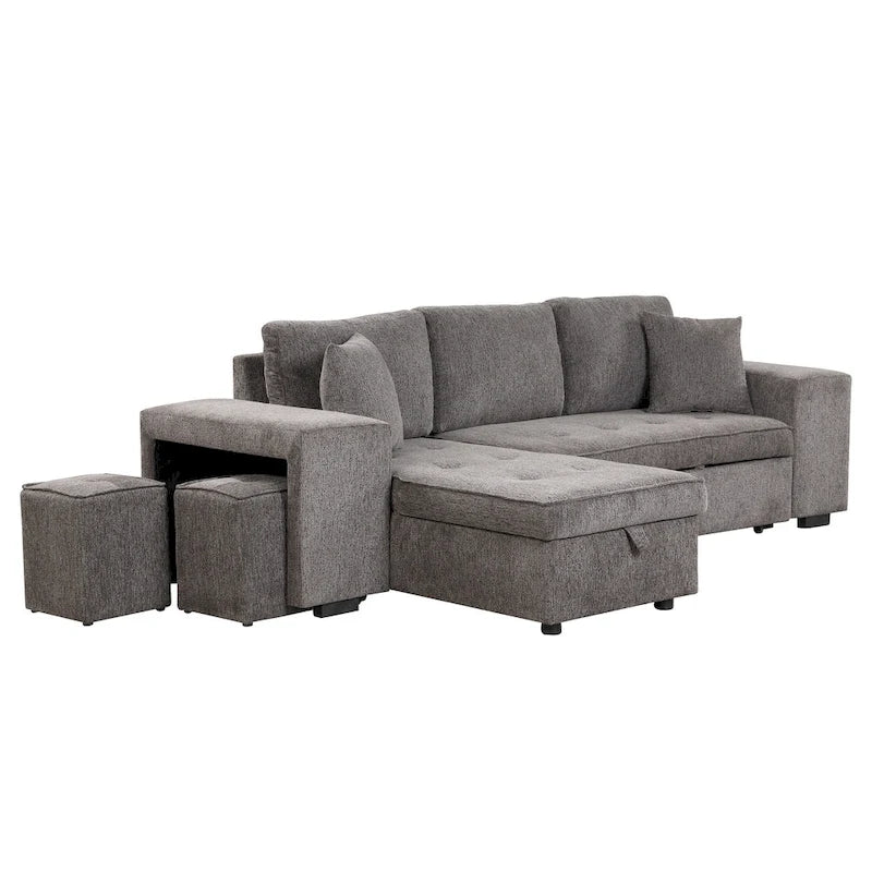104.5  Charcoal L-Shaped 3 Seater Convertible Sofa with Pull-Out Bed, Storage Chaise and 2 Stools for Living Room