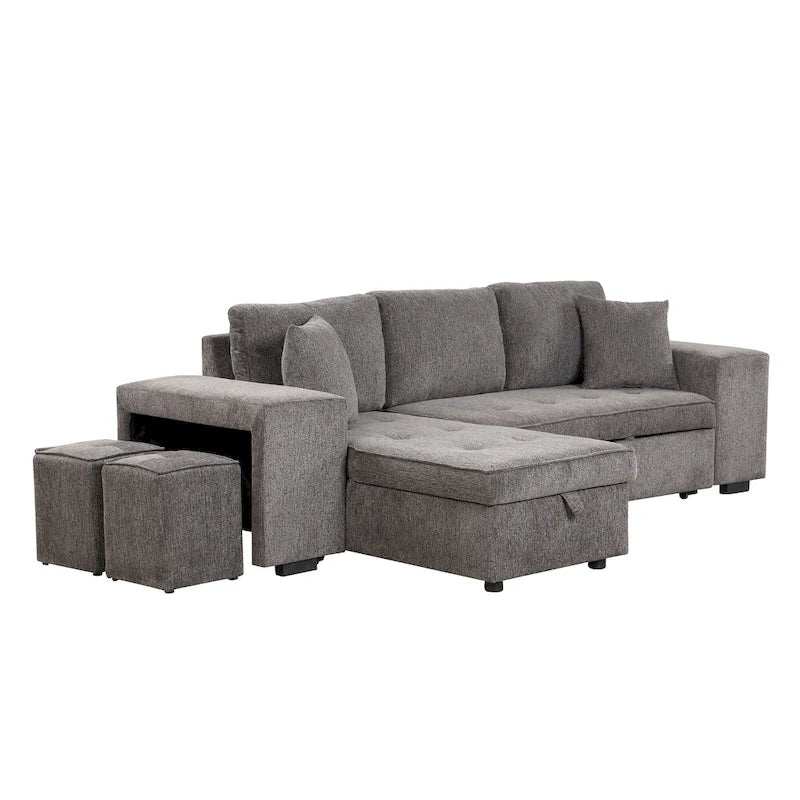 104.5  Charcoal L-Shaped 3 Seater Convertible Sofa with Pull-Out Bed, Storage Chaise and 2 Stools for Living Room