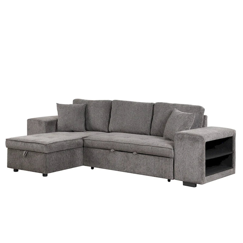 104.5  Charcoal L-Shaped 3 Seater Convertible Sofa with Pull-Out Bed, Storage Chaise and 2 Stools for Living Room