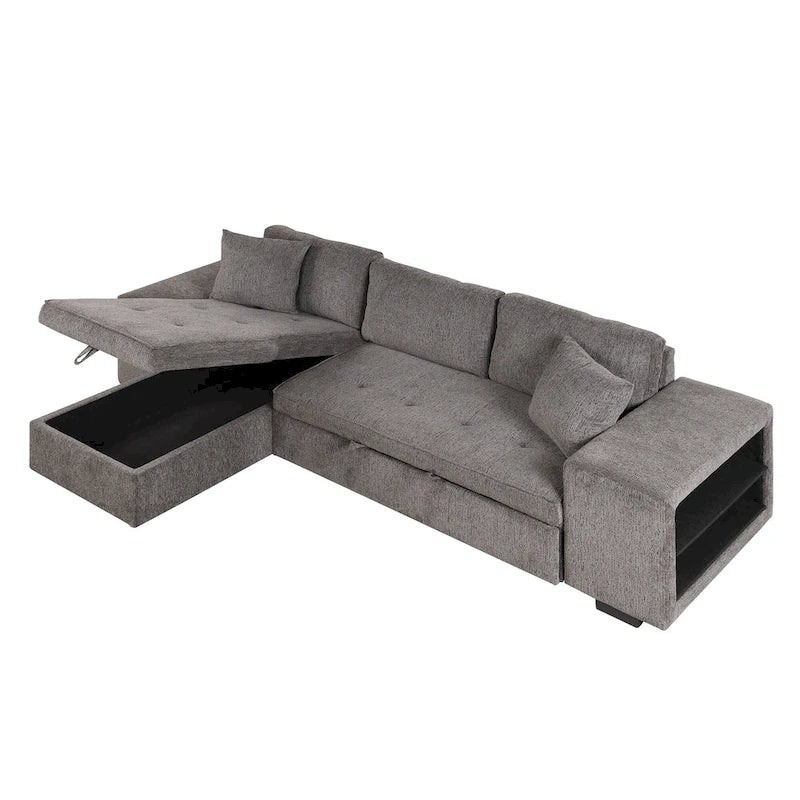 104.5  Charcoal L-Shaped 3 Seater Convertible Sofa with Pull-Out Bed, Storage Chaise and 2 Stools for Living Room